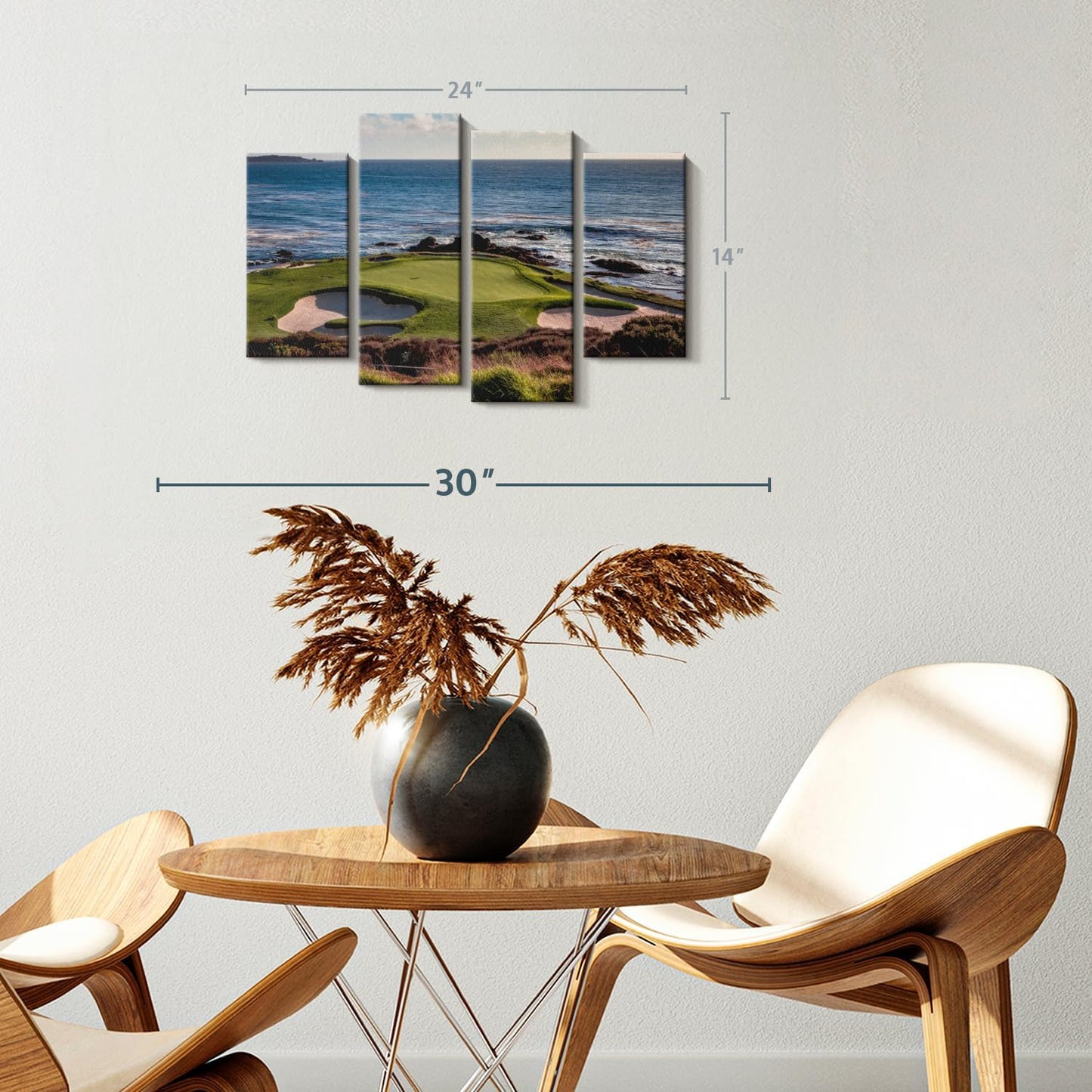 Elephant Stock California Coastline Golf Course Wall Art - Horizontal Canvas - 4-Piece Living Room Wall Decor - Photography Sports Canvas Print - Brown and Beige Decor for Wall - 24" X 14"