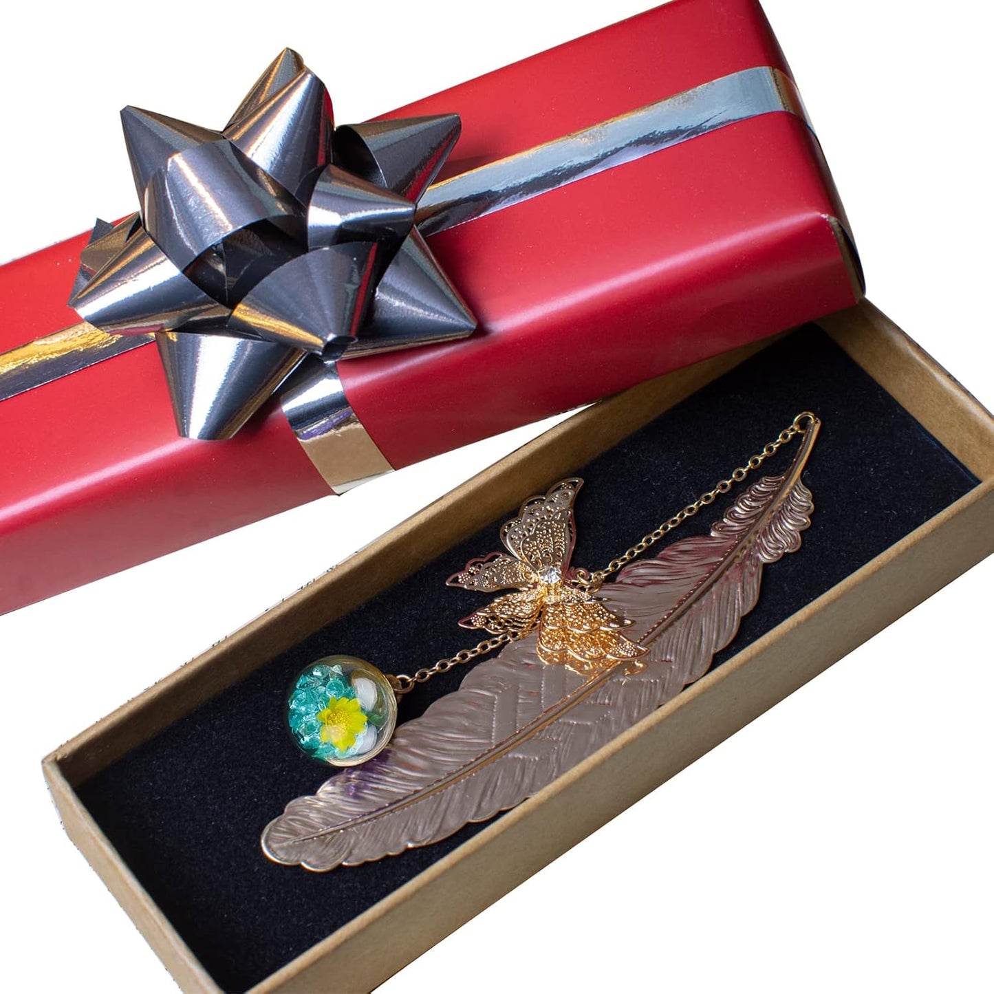 Toirxarn Metal Feather Bookmark with Butterfly Charm – Christmas Gifts for Women, Mom, Teachers, Book Lovers – Stocking Stuffers, Secret Santa, Birthday & Holiday Gift Box