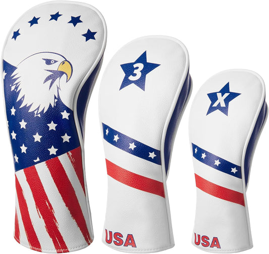 Golf Head Covers, 3 Pack Golf Club Head Covers USA Stars and Stripes, Velour Lined for Extra Club Protection, Designed to Fit All Woods and Drivers Velour Lined