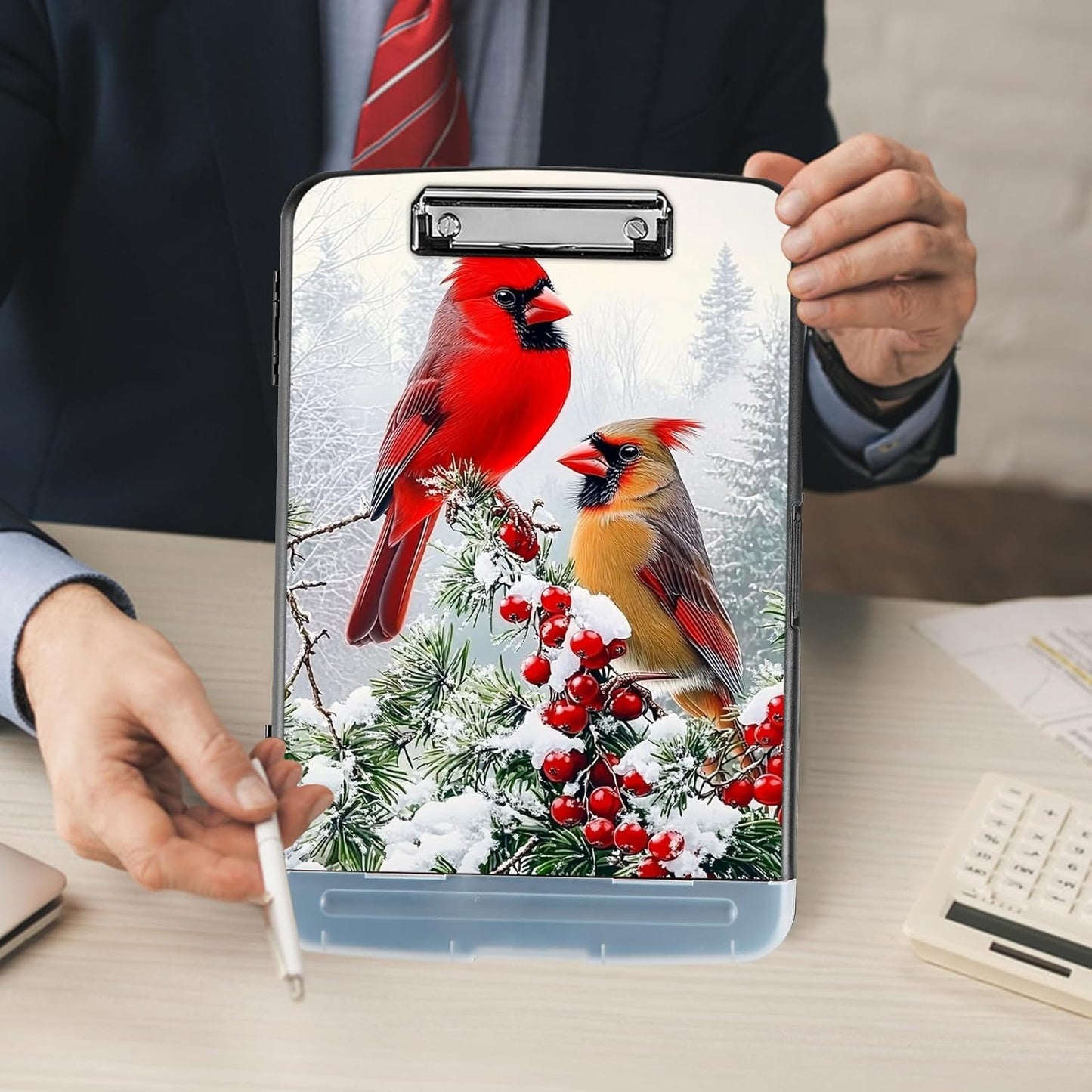 Clipboard with Storage - Large Capacity,Nursing Clipboard with Pen Holder,Heavy Duty,Plastic Side-Opening Folder for Teacher,Nurse - Red Cardinal Birds