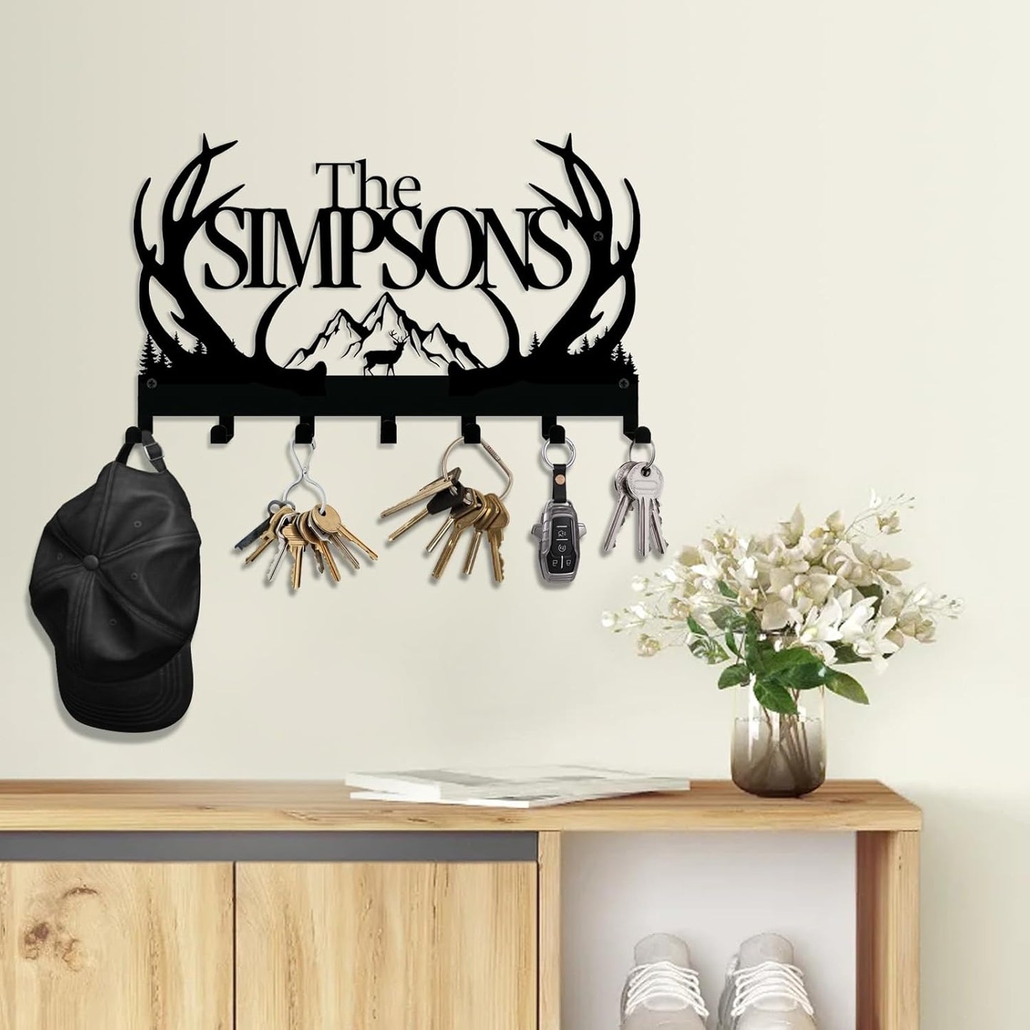 NIWAHO Personalized Family Name Metal Wall Sign with Hooks – Rustic Deer Antler Key Holder Wall Mount Customized Name for Entryway, Mudroom, Kitchen, or Bathroom Decor