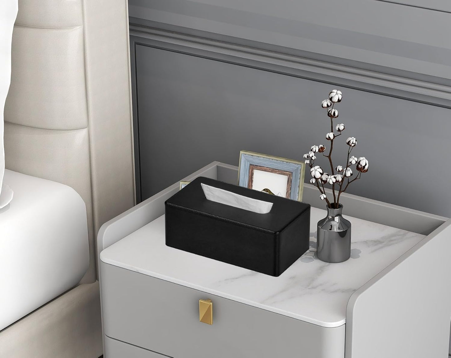 Tissue Box Cover Rectangular 9.8"(L) x 5.3"(W) x 4.3"(H) Refined Modern PU Leather Facial Tissue Dispenser Box Holder for Dresser Bathroom Decorative (Black)