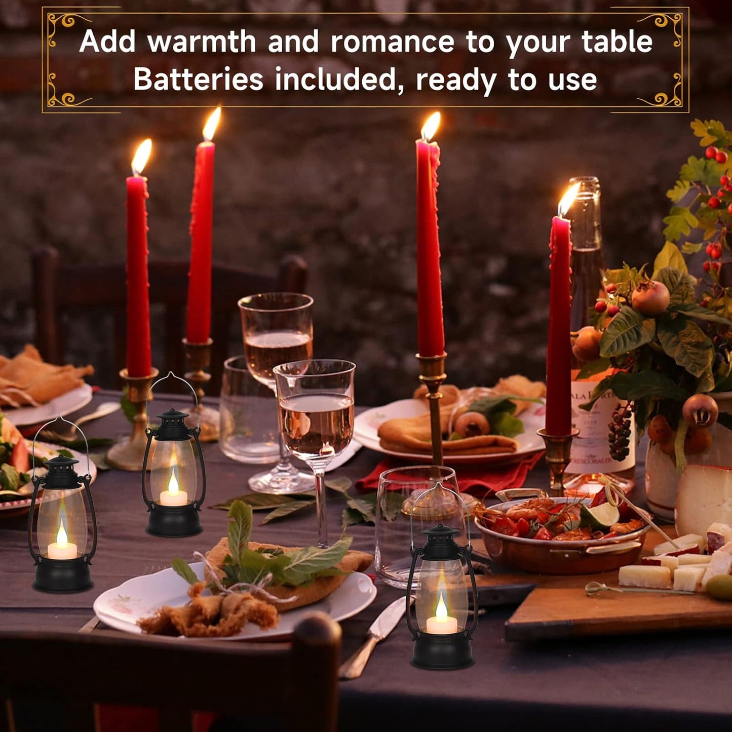 12Pcs Mini Lantern for Cowboy Halloween Christmas Wedding, Black 6" Candle Lantern with Flickering LED for Camping Western Party Decorations, Table Centerpiece, Hanging Lamp Ornaments Bulk