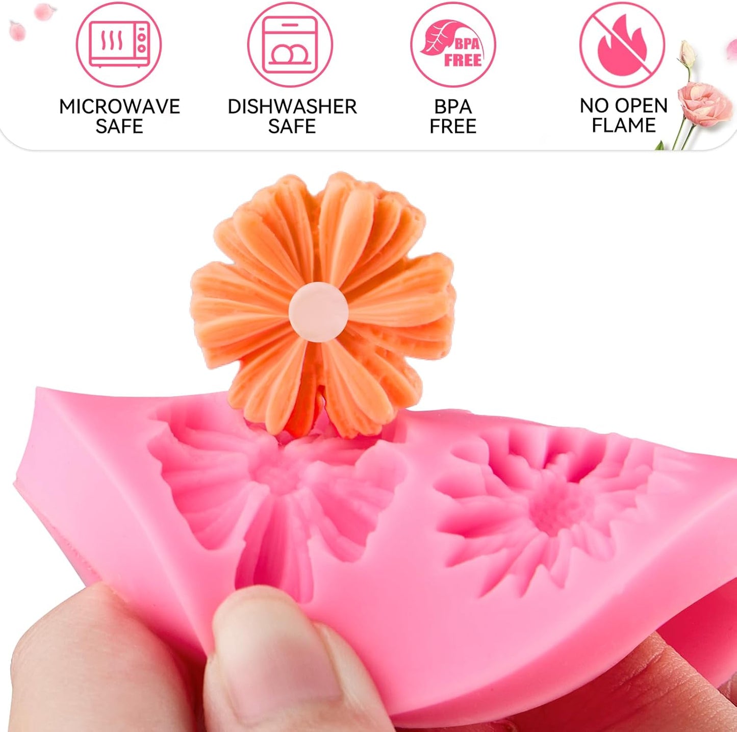 4 Pcs Flower Silicone Fondant Molds, Daisy Rose Flower Chocolate Candy Molds for Cupcake Topper, Cake Pop Decoration and Clay Craft Making