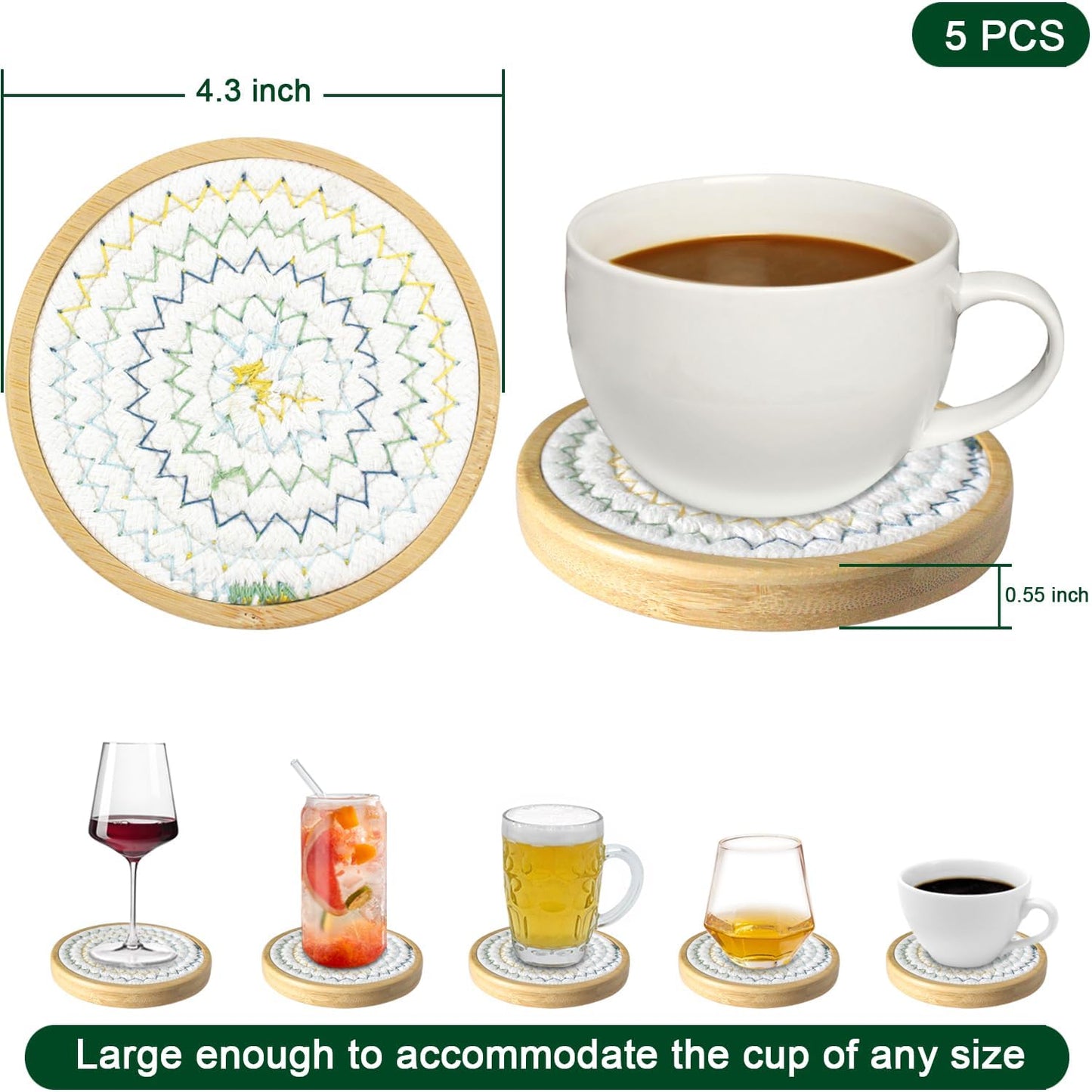 5 Pack Bamboo Wood Drink Coasters, Absorbent, 4.3 Inch Round Coasters for Coffee Tables, Kitchen, Farmhouse, and Office (White Series)