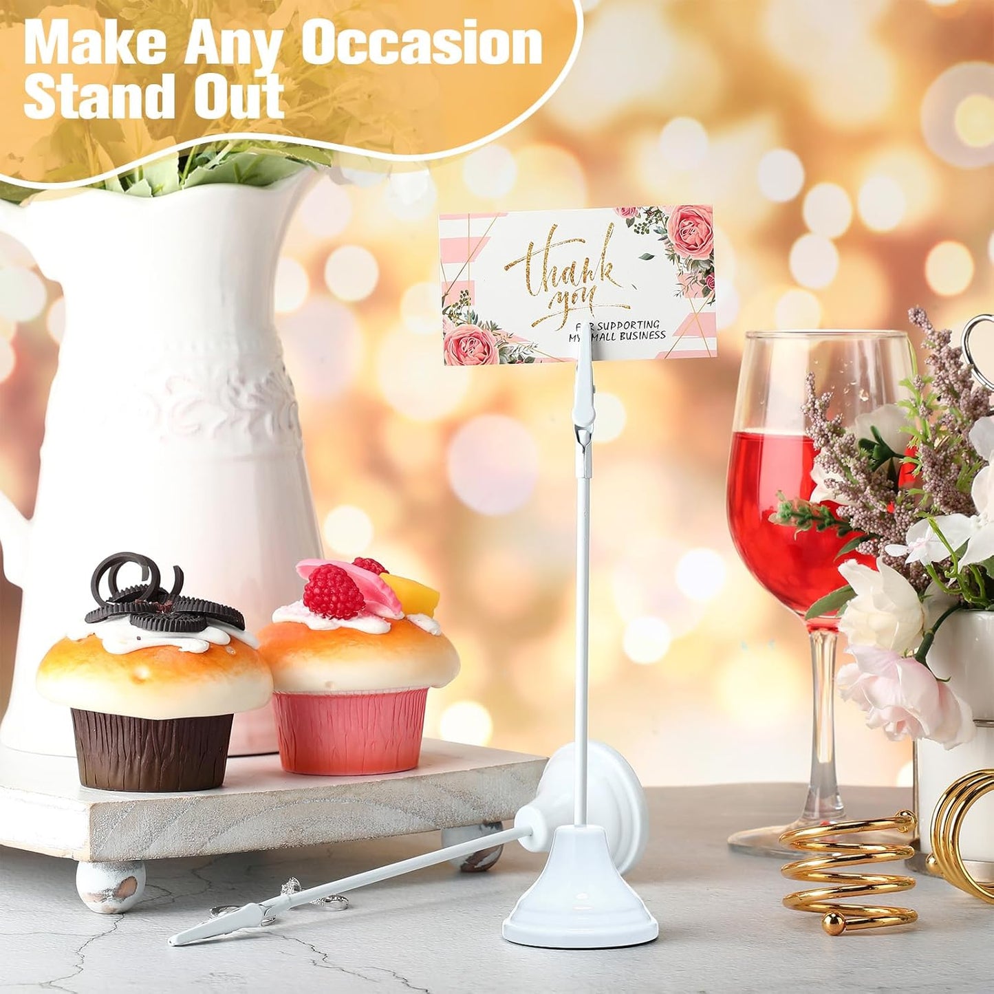 Skyygemm 12 Pcs Table Number Holders 8 Inch Place Card Holder with Alligator Clip Metal Place Card Stands Table Sign for Photos, Food Signs, Birthdays, Weddings (White)