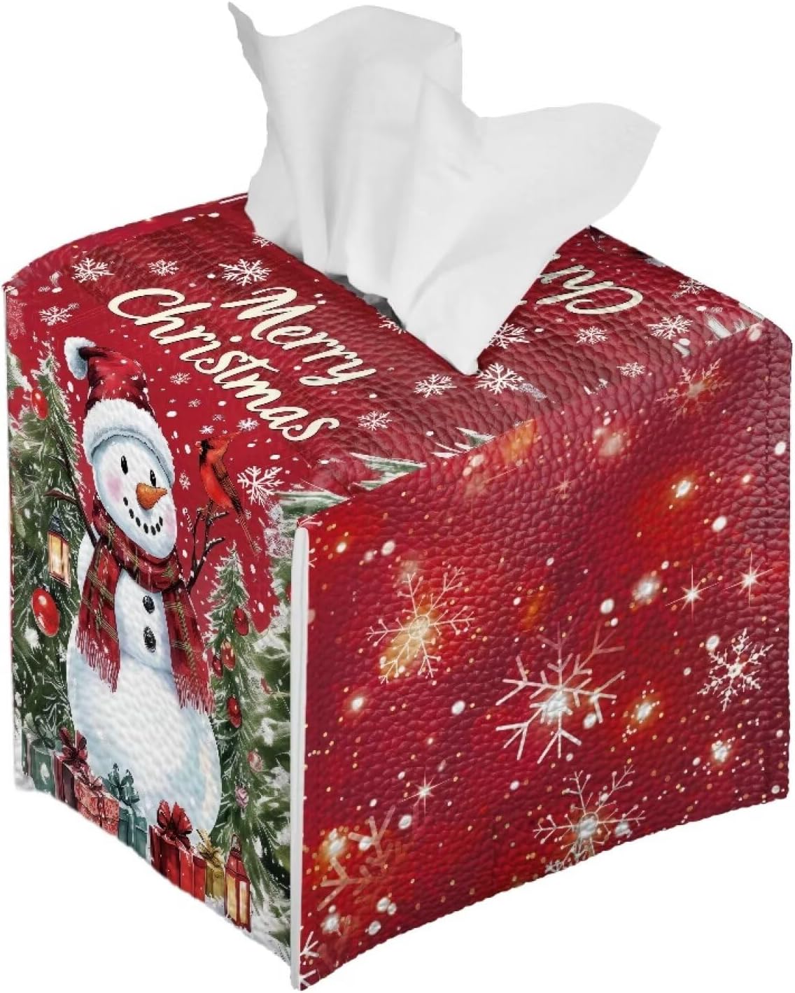 Red Tissue Box Cover Square Christmas Snowman Tissue Box Holder PU Leather Fun Tissue Box Modern Home Decor Tissue Holder for Living Room Desk Bathroom