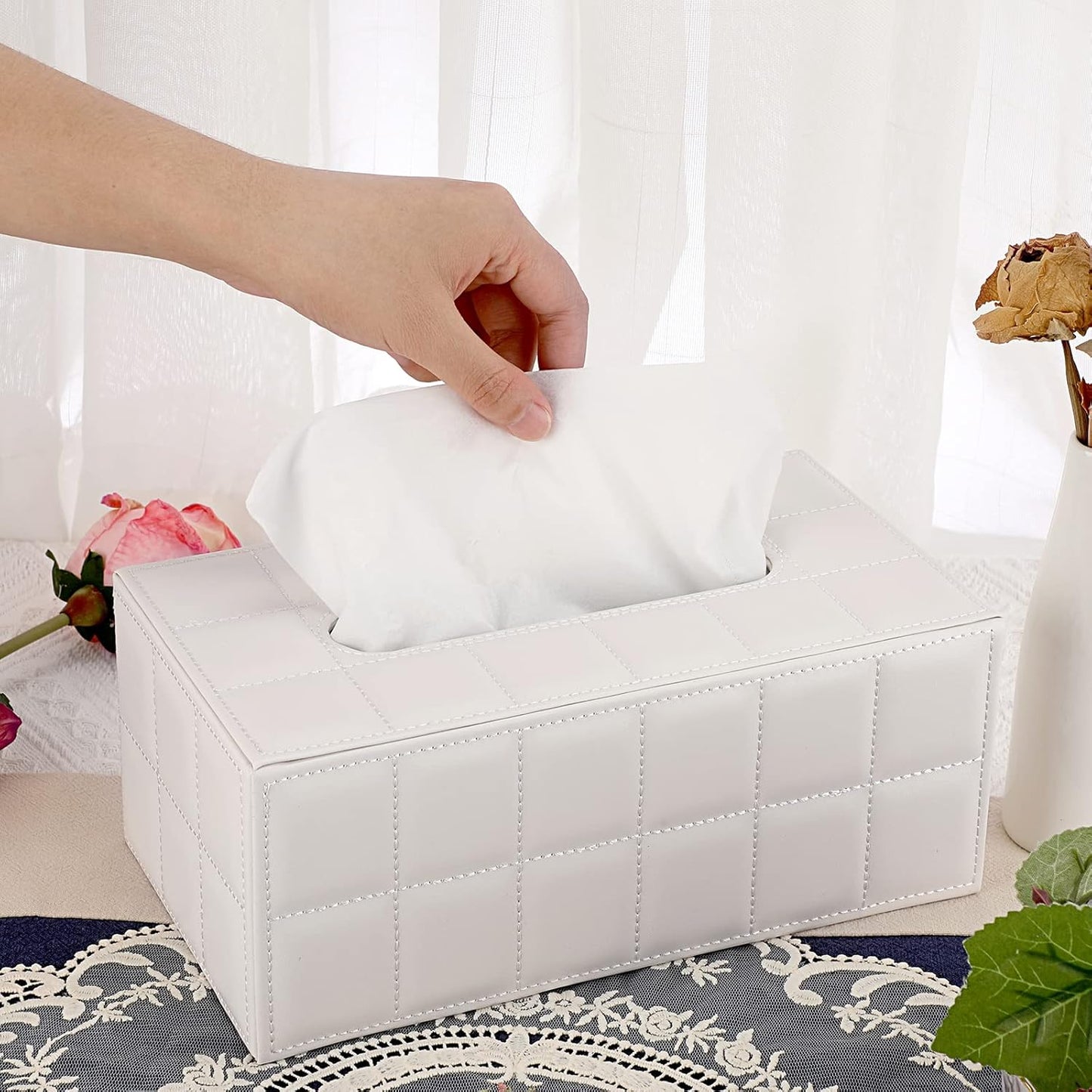 Sumnacon Rectangular Leather Tissue Box Cover - Stylish Tissue Box Holder with Magnetic Bottom, Decorative PU Tissue Box for Vanity Dresser Night Stand Table Countertop Home Office Car,Grid White