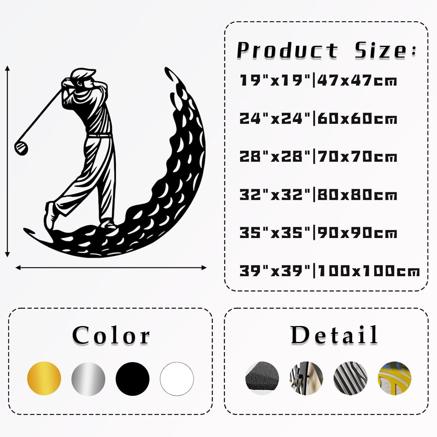 Golf Metal Wall Art, Golfer Metal Wall Decor, Golf Ball Wall Decor, Sports Wall Art, Sports Theme Wall Decor, Gift for Golf Player, Gift For Father, Home Office Wall Art, Man Cave (White, 19"x19"|47x47cm)