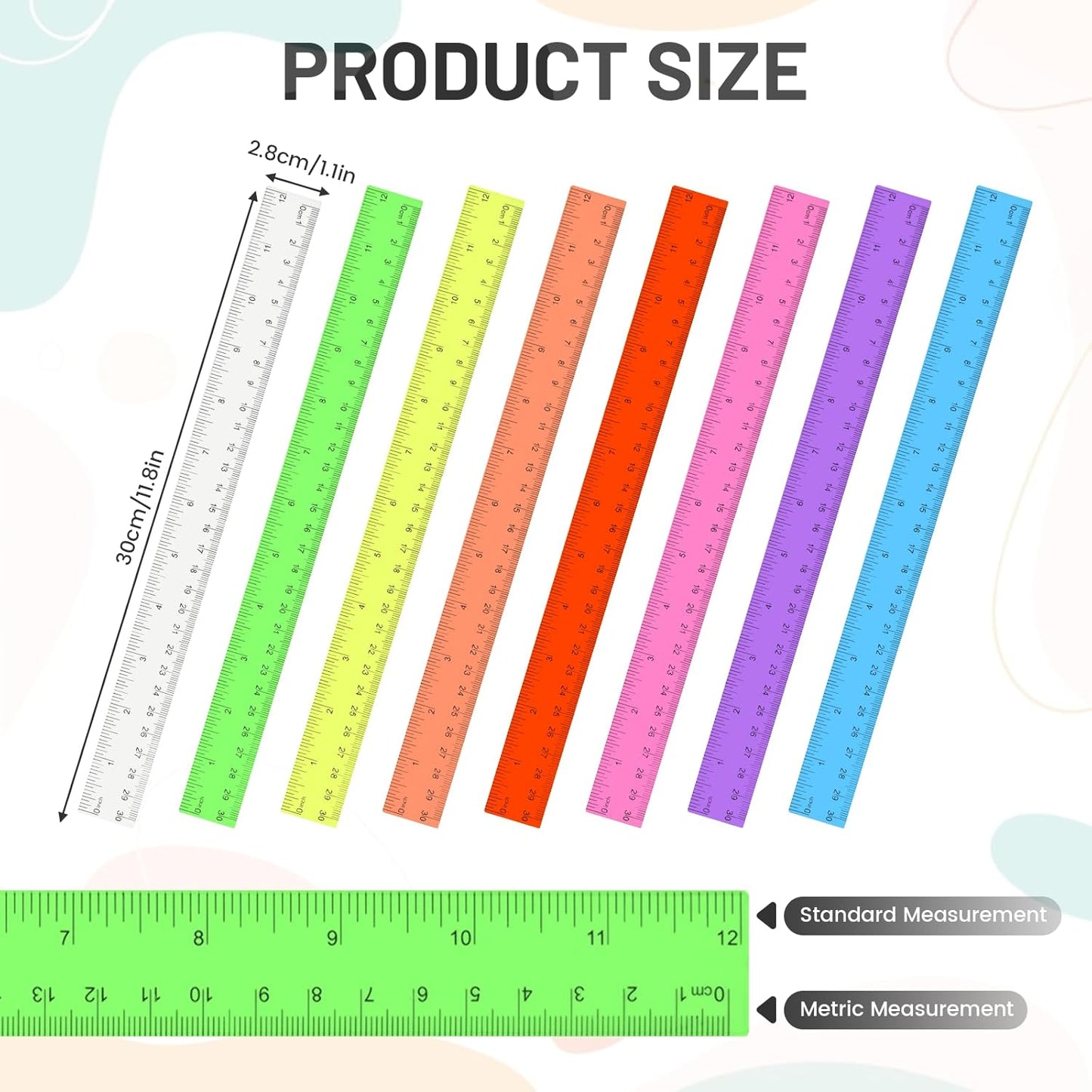32 Packs Clear Plastic Ruler 12 Inch, 12 Inch Ruler with Centimeter and Millimeter, Plastic Metric Rulers Bulk Set Assorted Color Office Home Supplies(8 Color)
