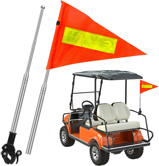 Golf Cart Flag Pole, Retractable Bike Flags With Pole For Safety, High Visibility Double-Sided Reflective Bicycle Flag (Telescopic 28-160cm)
