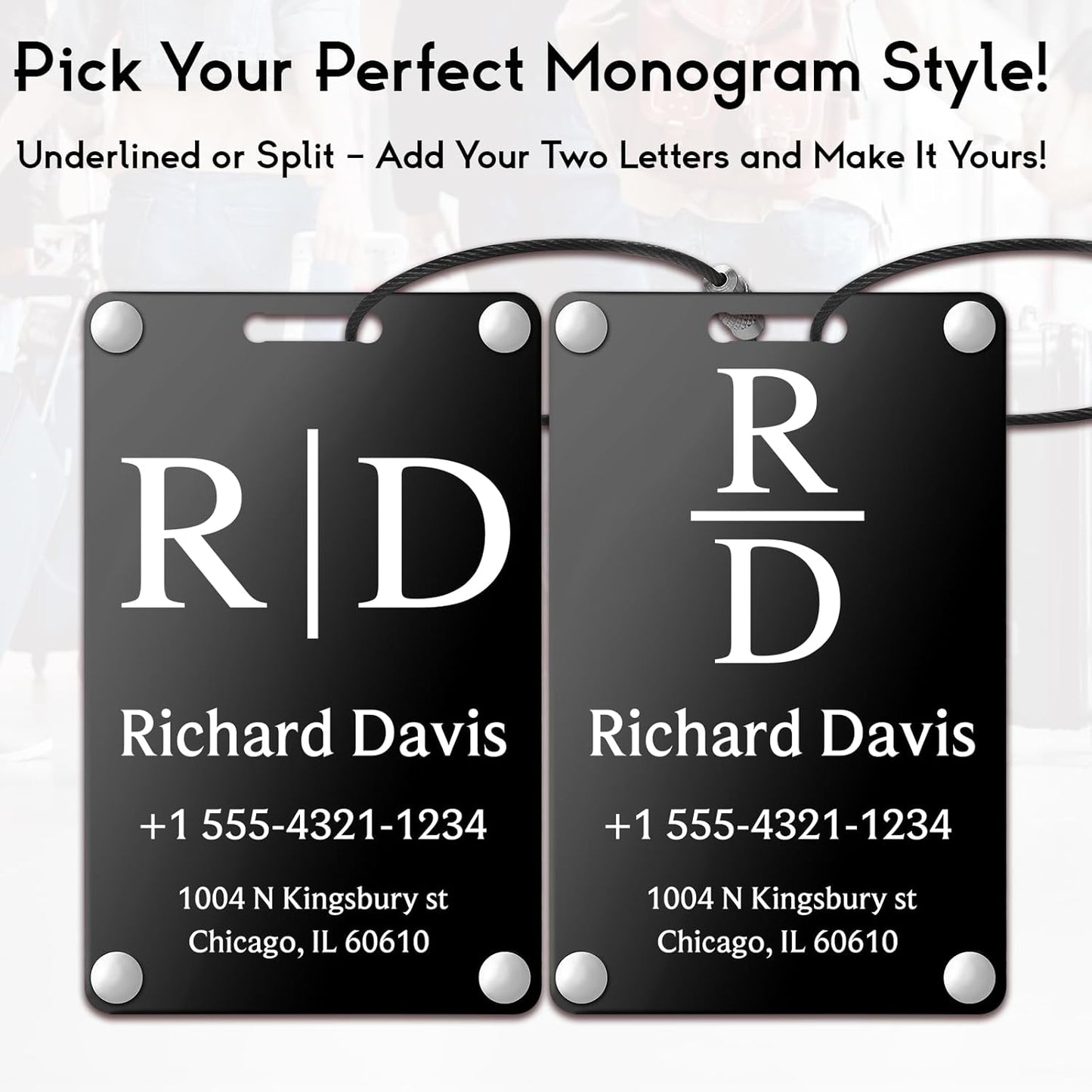 Personalized Luggage Tags for Suitcases - Monogram Style Aluminum Custom Luggage Tags for Backpacks & Bags, Sturdy, Waterproof & Heavy Duty (Black/Card-Sized)