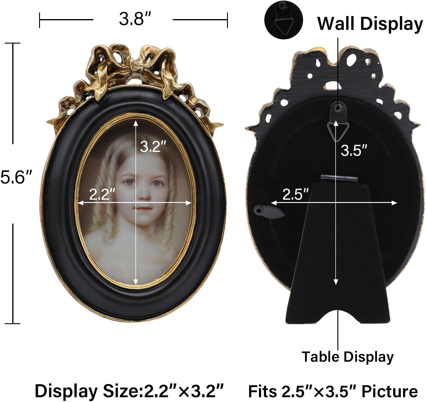 SYLVIA'S SHOP 2.5x3.5 Small Vintage Oval Picture Frame, Mini Antique Ornate Photo Frame, for Tabletop and Wall Display, Retro Home Decor, Old Fashioned Photo Gallery Art, Black and Gold