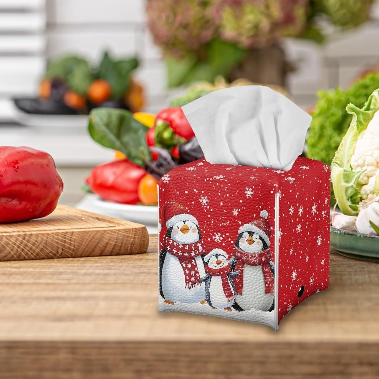 Christmas Tissue Box Cover Cute Penguin Tissue Box Square Red Tissue Box Holder with White Snowflake Fun Tissue Box for Office Bedroom Car Bathroom Xmas Decor