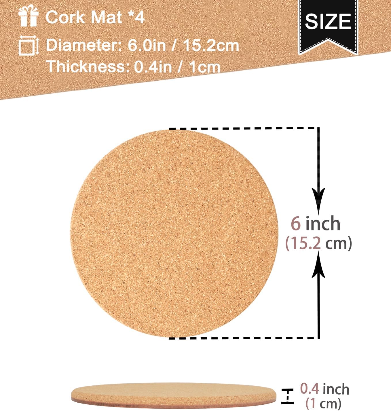 Cork Coasters - Double Layered Thick Cork Planter Coasters, 6 Inch Absorbent Mats, Trivets for Hot Dishes, House Plants - 4 Pcs