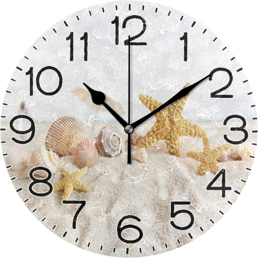 Starfish and Seashells in The Sand at Beach Wall Clock Battery Operated Non Ticking Silent Quartz Analog Rustic Farmhouse Round Clock Retro Decor for Home Kitchen Livin