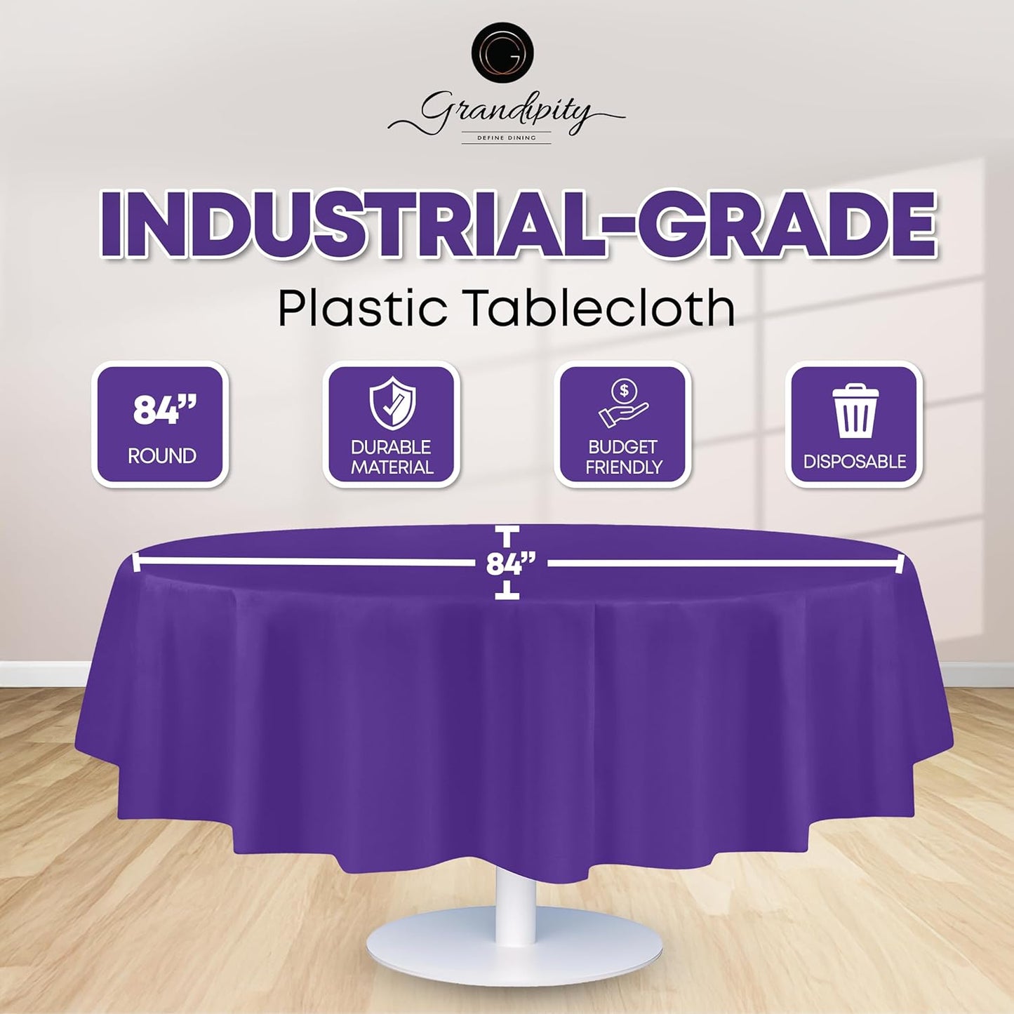 Grandipity 12 Pack Premium Disposable Plastic Tablecloth 84" Inch Decorative Round Table Cover - Purple