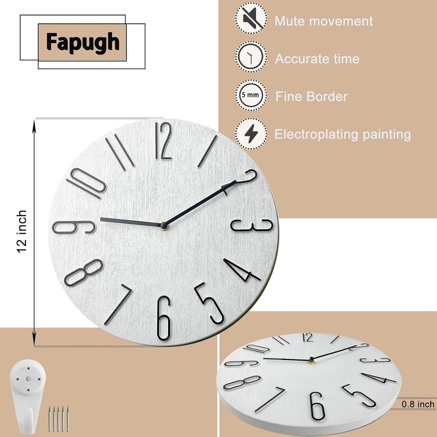 Wall Clock, Silent Clock, Wall Clocks Battery Operated， 12 inch Modern Wall Clock, Suitable for Offices, Living Rooms, Kitchens, Homes, Schools (White Without Second Hand)