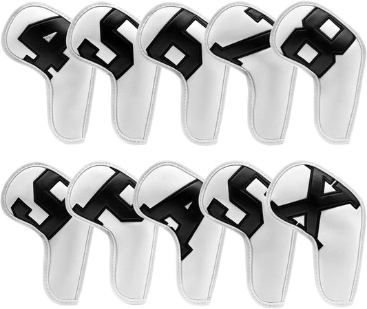 Barudan Golf Iron Club Head Covers Set Headcovers for Callaway Ping S5 - Big Colorful Number - Long Neck - Black Pu Leather fits Small Standard Oversized Golf Clubs 10pcs/Pack (White+Black Number)