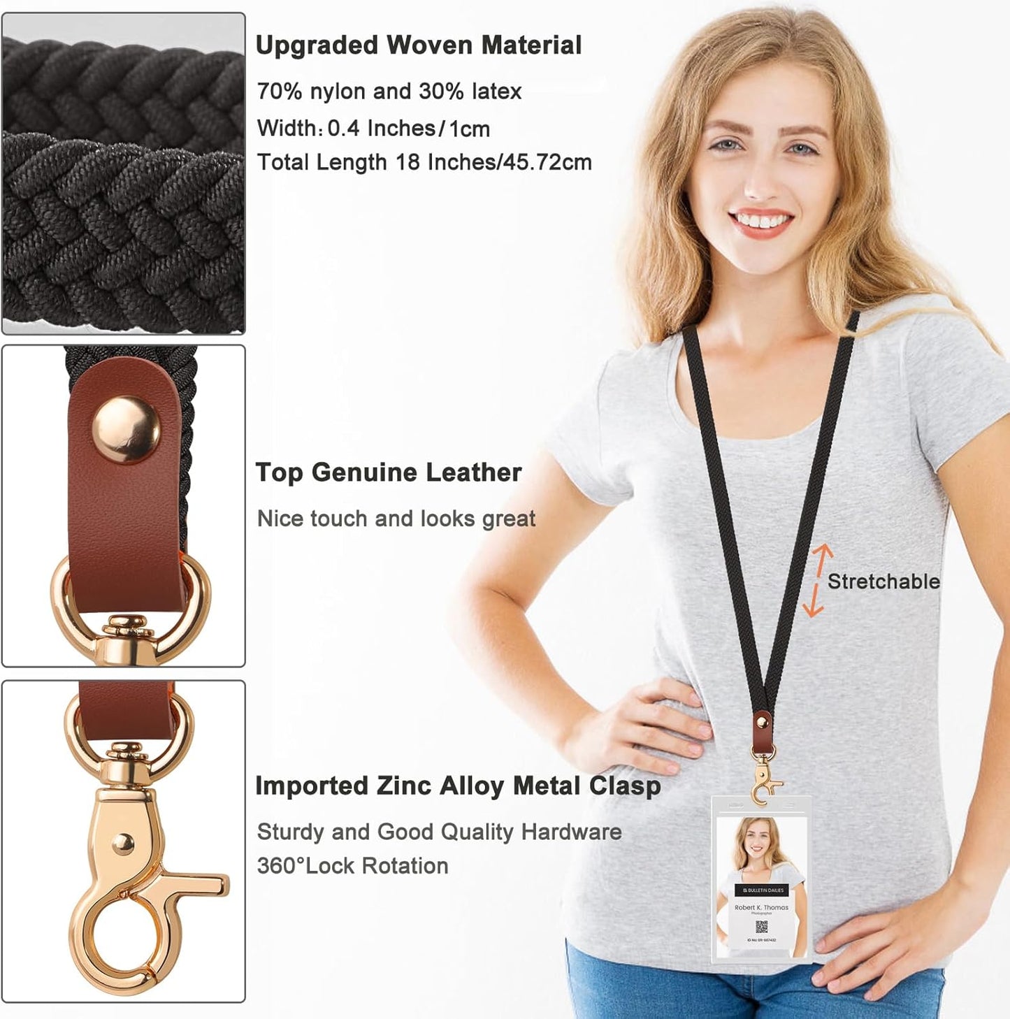 Fishent Stretchy Thin Lanyards for Keys ID Badges, Cute Long Teacher Neck Key Lanyard Keychains for Women Men Wallet Phone(Black)