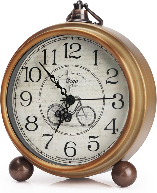 Maxspace Metal Golden Table Clock, Retro Vintage Non-Ticking Small Alarm Clock,Battery Operated Silent Quartz Movement HD Glass Desk Clock for Bedroom Living Room Indoor Decoration Kids… (Gold)