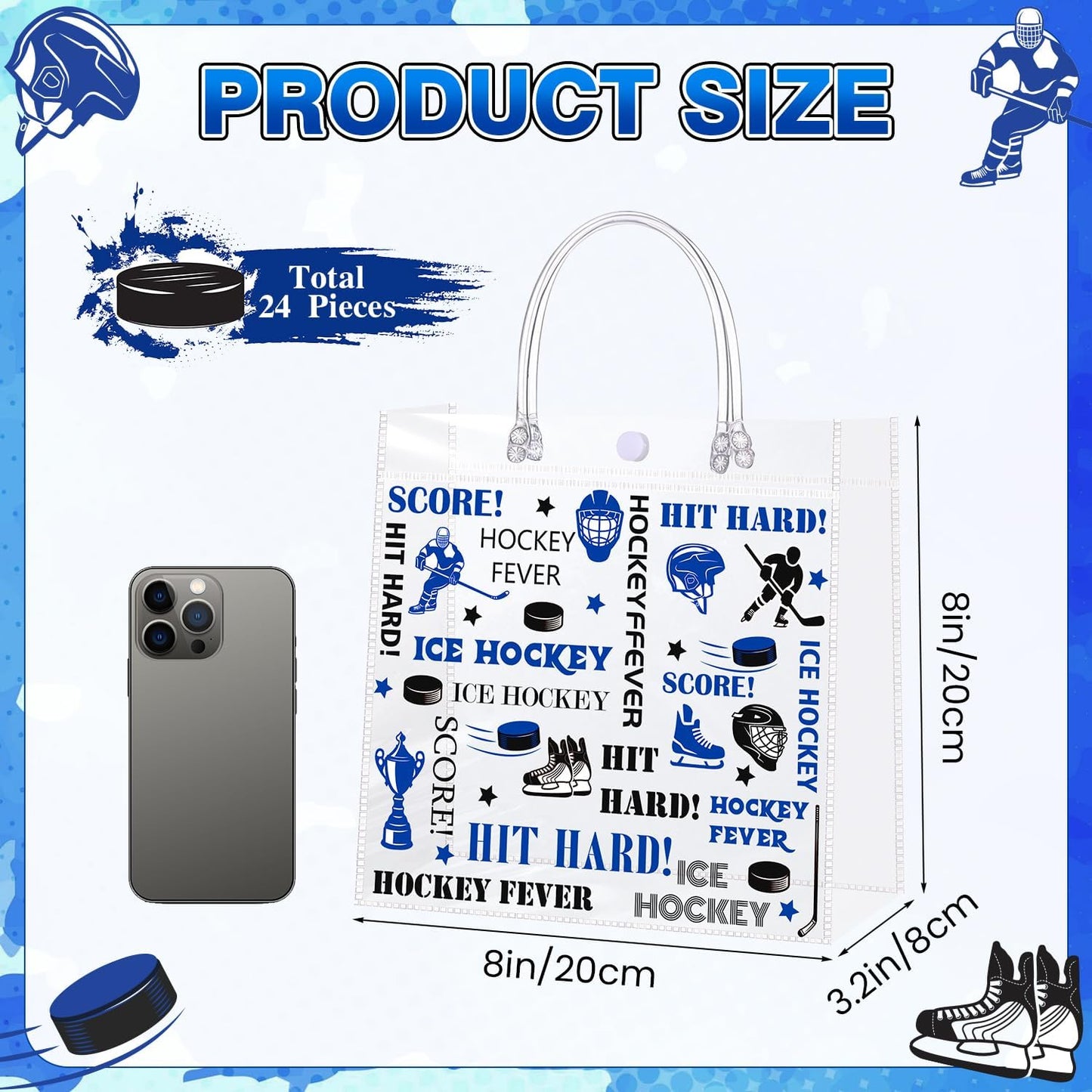 Liobelon 24 Pieces Transparent Ice Hockey Goodie Bags Hockey Clear PVC Gift Bag with Handles 7.9 x 7.9 x 3.1Inch Sport Theme Party Favor Bags for Birthday Holiday Sports Team Game Celebration