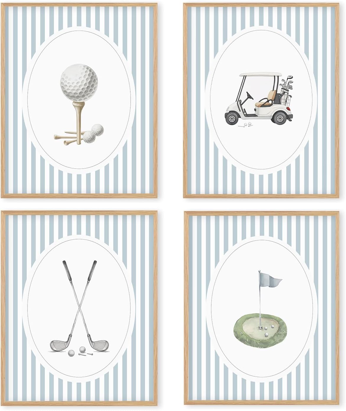 Boat Wades Blue Striped Golf Wall Art Prints Set of 4, Golfer Gifts for Women Men, Trendy Golf Cart Club Course Posters Pictures Wall Decor for Home Bedroom Living Room Office, 8x10 Unframed
