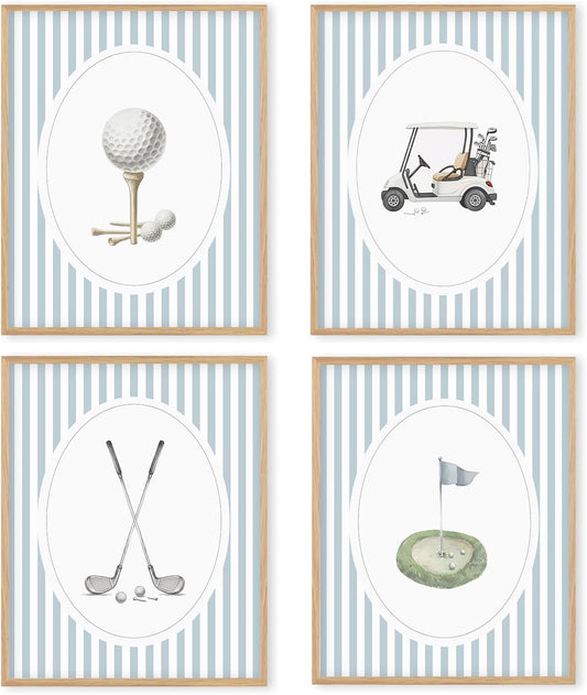 Boat Wades Blue Striped Golf Wall Art Prints Set of 4, Golfer Gifts for Women Men, Trendy Golf Cart Club Course Posters Pictures Wall Decor for Home Bedroom Living Room Office, 8x10 Unframed