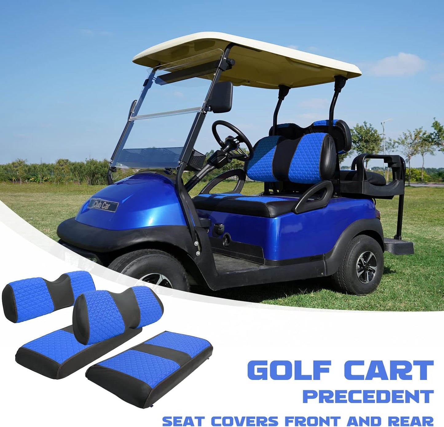 XUANYUDG0769 Golf Cart Front and Rear Seat Covers for EZGO TXT/RXV Club Car DS/Precedent Yamaha G29, Vinyl Leather Made/Adjustable Straps and Retractable Buckle/No Stapler Required,4PCS