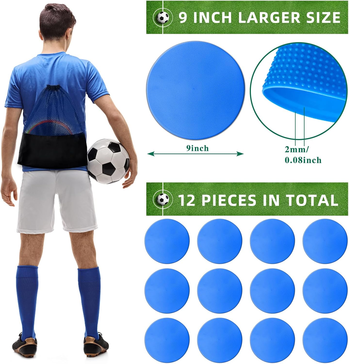 Poly Spot Markers 9 inch Non-Slip Rubber Agility Training Markers Floor Dots Flat Field Cones for Football, Soccer, Basketball, School Exercise Drills, Dance Practice