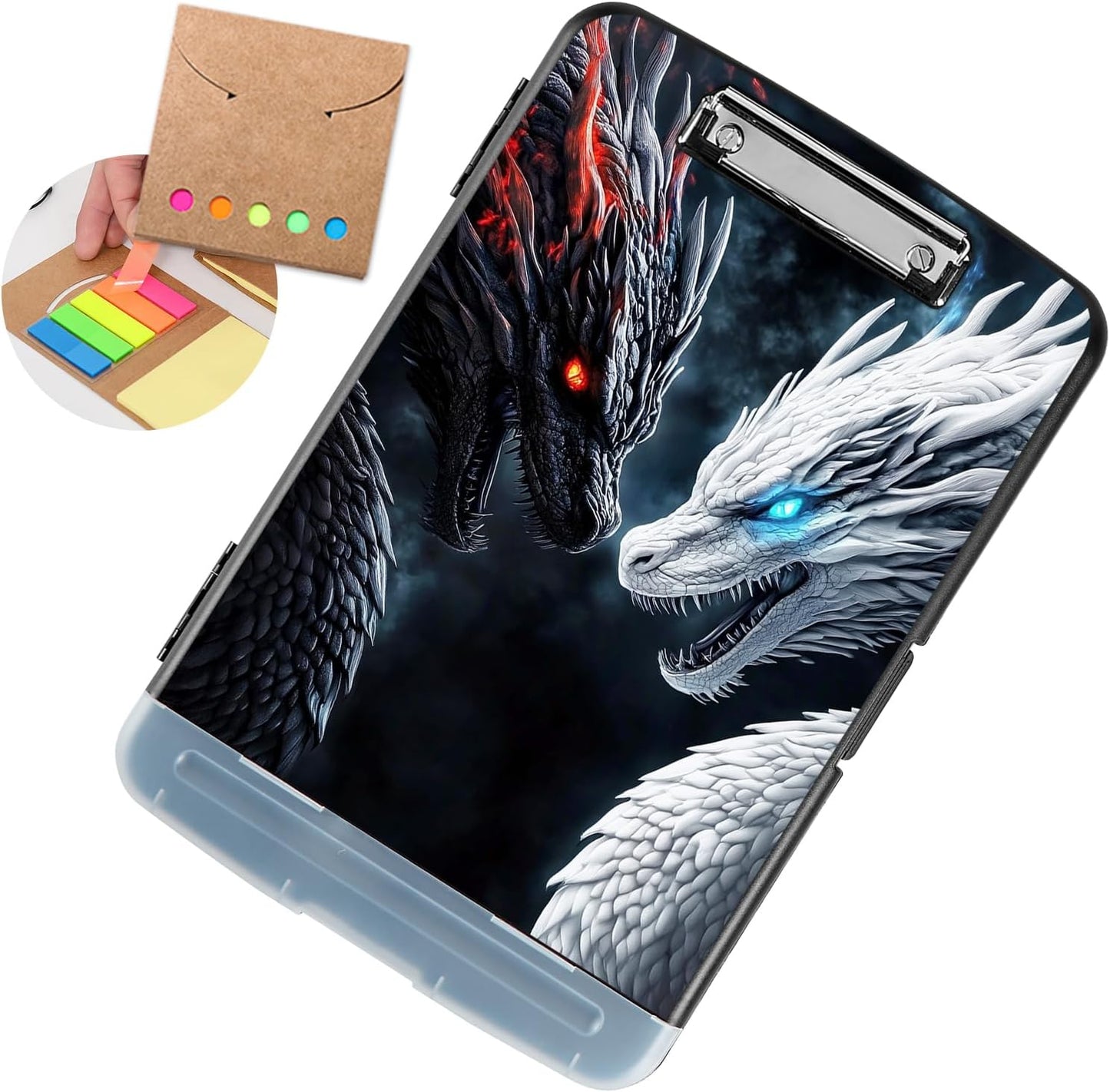 Clipboard with Storage - Large Capacity,Nursing Clipboard with Pen Holder,Heavy Duty,Plastic Side-Opening Folder for Teacher,Nurse - Black White Dragon