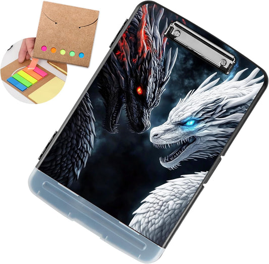 Clipboard with Storage - Large Capacity,Nursing Clipboard with Pen Holder,Heavy Duty,Plastic Side-Opening Folder for Teacher,Nurse - Black White Dragon