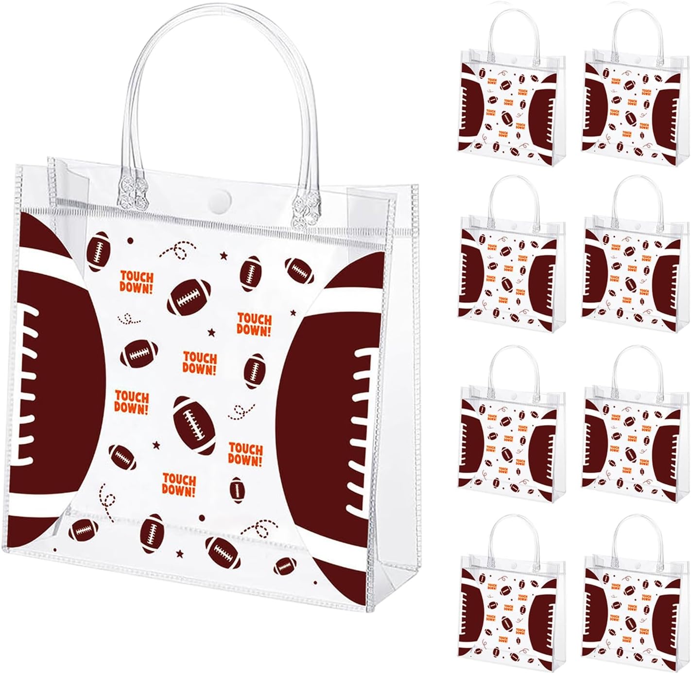 Clear Football Favor Bags with Handles - 24 Pack Football Gift Bags, Transparent PVC Goodie Bags for Sports Theme Birthday Holiday Team Events (8 x 8 x 3.2Inch)