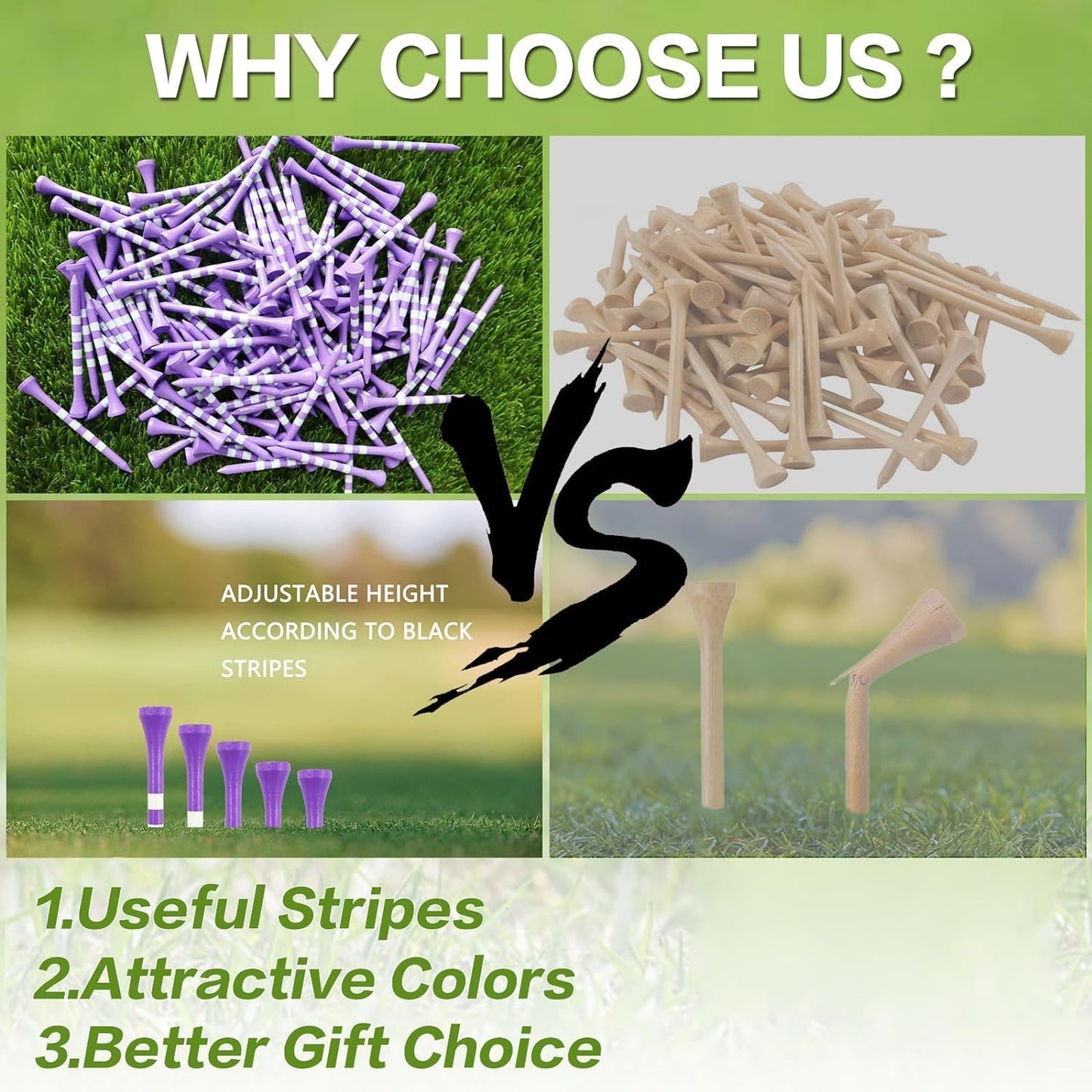 FINGER TEN Golf Tees Wood 3 1/4 2 3/4 Inch Wooden Bamboo 50/120 Count, Durable Biodegradable Colored Bulk Tee 70mm 83mm