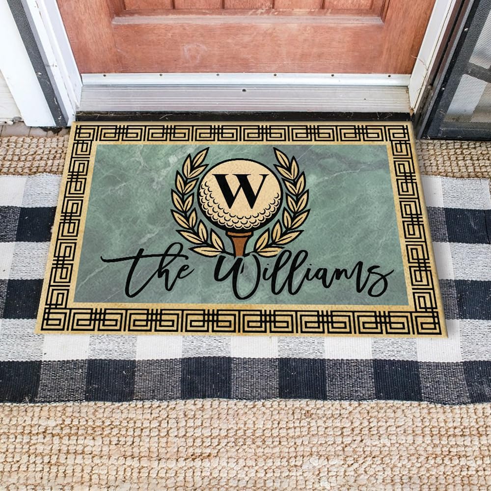 Personalized Golf Doormat with Monogram Initial – Custom Family Name Rug with Laurel Wreath & Marble Background – Non Slip Outdoor Entry Mat for Porch, Golf Club, or Man Cave Decor