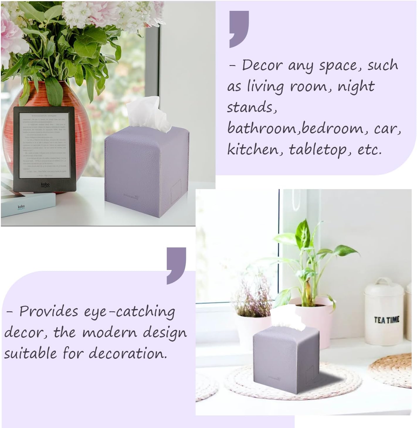 Tissue Box Cover 5X5X5'' PU Leather Tissue Holder Square Tissue Cube Box Organizer for Bathroom Vanity Countertop, Car, Night Stands, Office, Home, Kitchen (1Pack, Light Bray Purple)