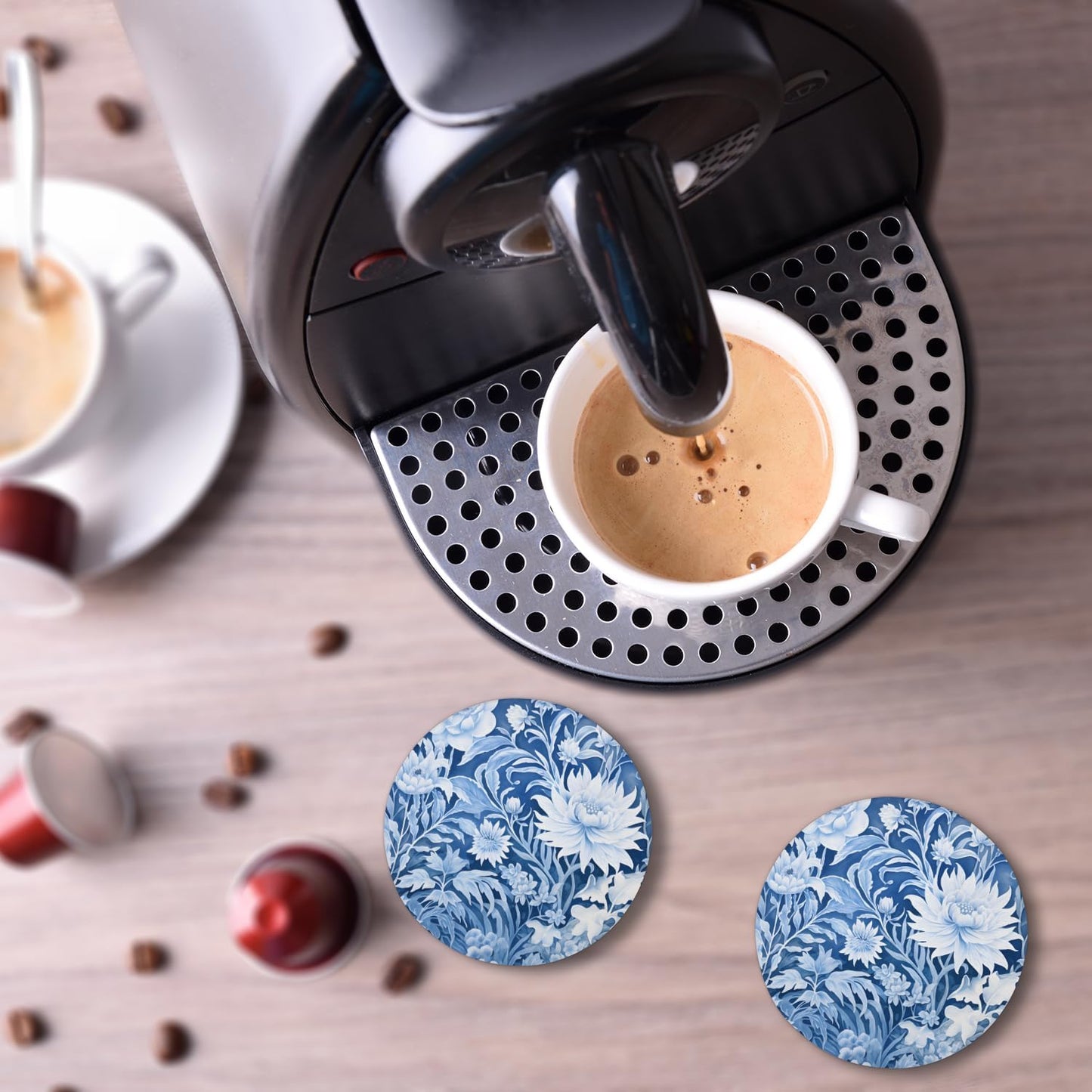 Ceramic Coasters for Drinks with Cork Back, Cyan White Floral 4 Inch Absorbent Coaster Set 2 Pack, Quick Dry Non-Slip Coaster Mats for Home, Office, Bar