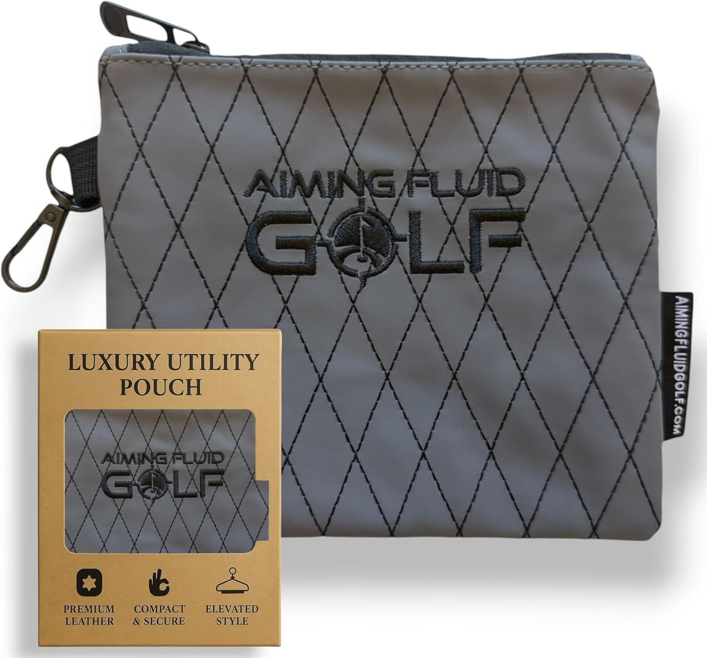 Premium Leather Golf/Travel Valuables Pouch – Luxury Zippered Utility Bag I Diamond Stitching I 360° Swivel Clip I Soft Interior for Golf Accessories & Travel Essentials (Grey)