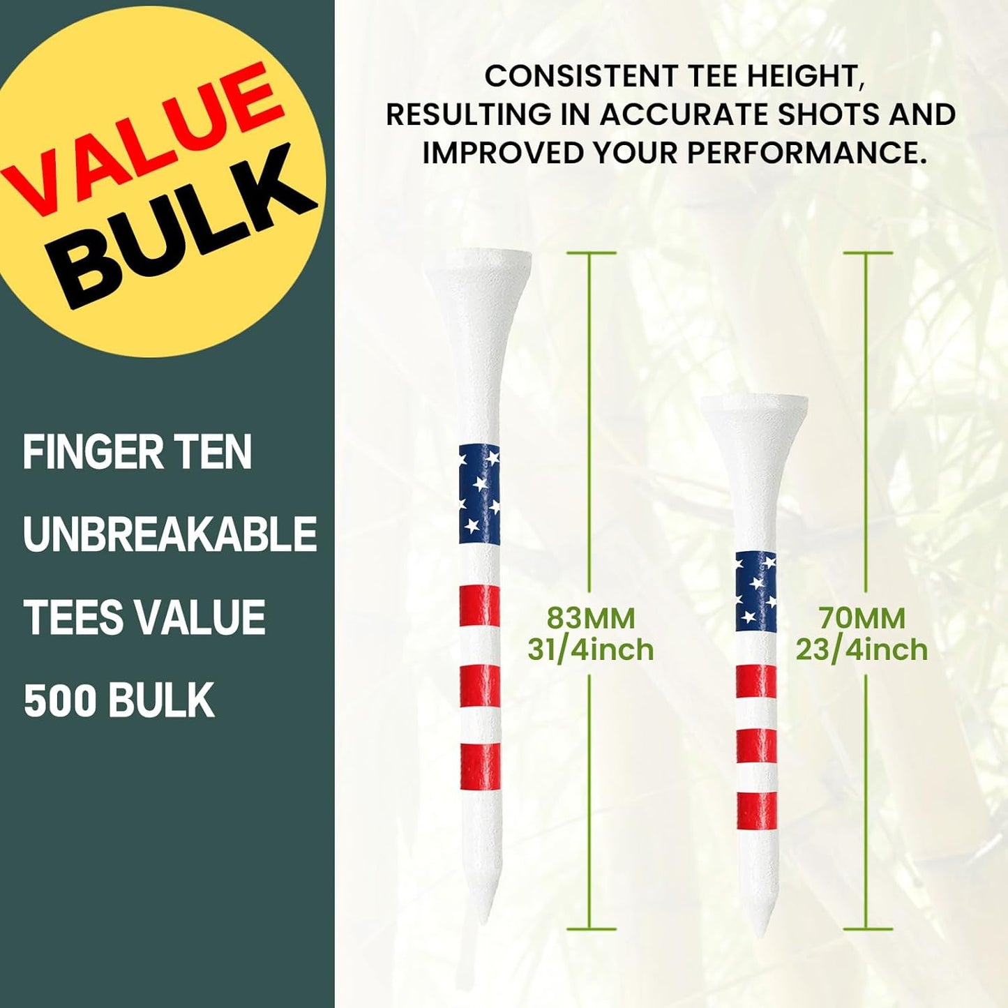 FINGER TEN Bamboo Golf Tees Wood 1 1/2 2 3/4 3 1/4 Inch Wooden Short Long Tee Color Bulk 250/500/1000/2000 Count for Men Women Kids in Red Pink USA Flag