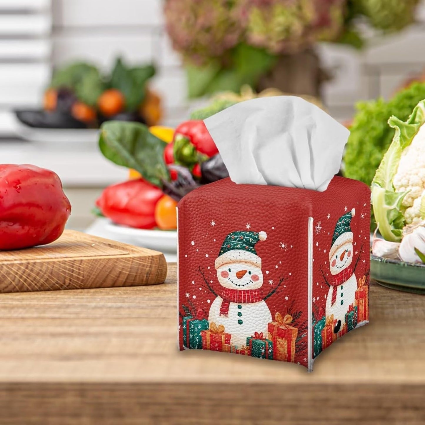 Christmas Tissue Box Cover Cube Cute Snowman PU Leather Decorative Tissue Box Holder Square Funny Tissue Case Cover Holiday Home Bathroom Accessories for Bedroom Living Room