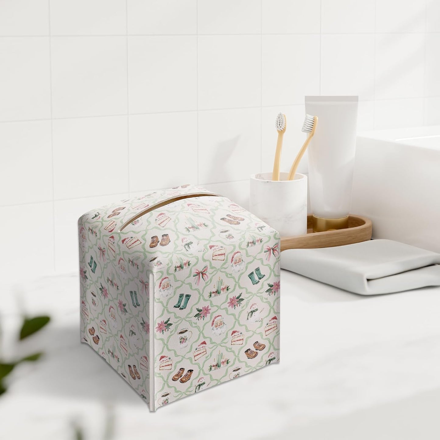 Christmas Tissue Box Holder, Watercolor Doodles Christmas Leather Tissue Box Cover Square with Bottom Belt, Paper Facial Decorative Tissues Cover for Bathroom Office Home Decor-B05