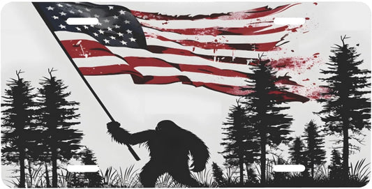Front License Plate for Car Designs American Flag Bigfoot Stainless License Plate Cover Holder for Men Women Metal Aluminum Decorative Accessory Vanity Tag Standard 6 X 12 inch (4 Holes)