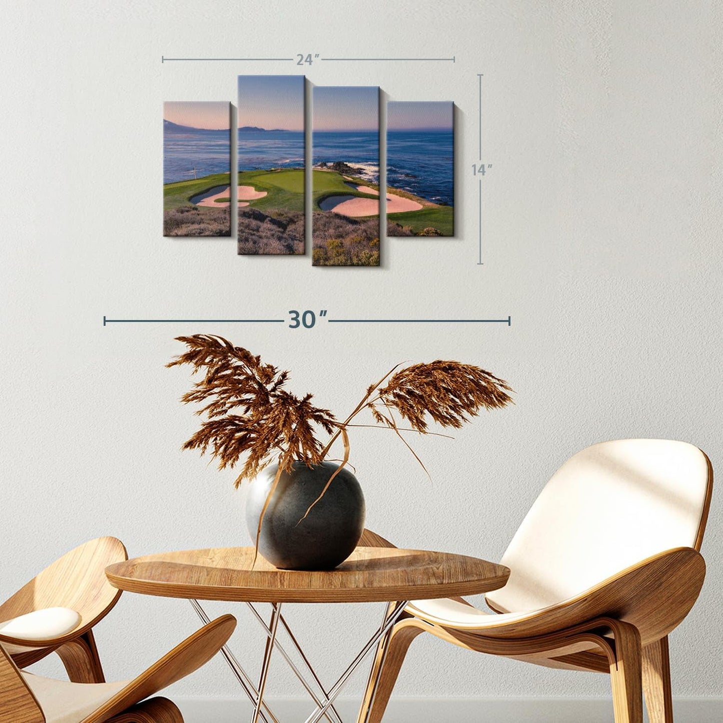 ElephantStock Pebble Beach Golf Club Wall Art - Horizontal Canvas - 4-Piece Living Room Wall Decor - Luxury Photography Canvas Print - Beige and Blue Decor for Wall - 24" X 14"