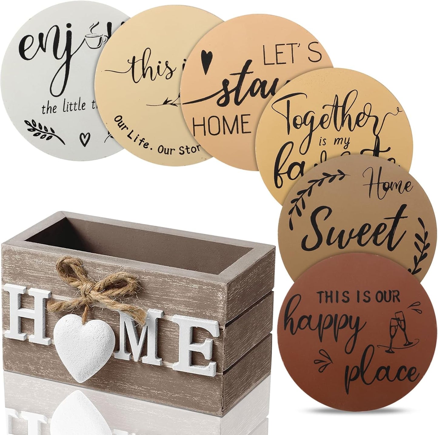 Queekay Housewarming Gifts for Home Decoration Wooden Heart Coasters for Drinks 6 Set Farmhouse Coasters with Holder Funny for Family Coffee Table Protection, 4''(Brown)