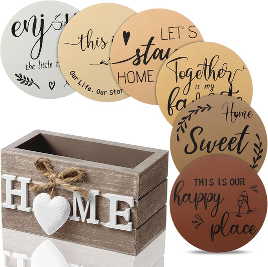 Queekay Housewarming Gifts for Home Decoration Wooden Heart Coasters for Drinks 6 Set Farmhouse Coasters with Holder Funny for Family Coffee Table Protection, 4''(Brown)
