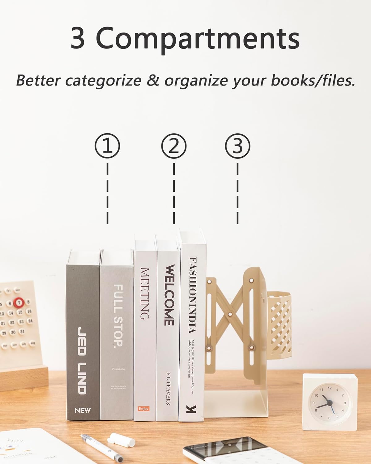 Kingsmile Book Ends, Adjustable Bookends for Shelves, Metal Bookends for Heavy Books, Book Stopper Organzier with Pen Holder for Desk, Kids Room, Office, Classroom, Library, Study Room.(Light Beige)