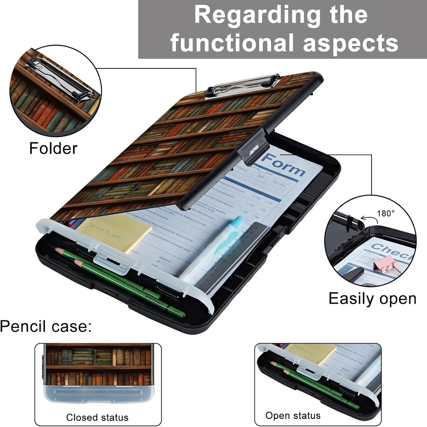 Clipboard with Storage - Large Capacity,Nursing Clipboard with Pen Holder,Heavy Duty,Plastic Side-Opening Folder for Teacher,Nurse - Library Bookshelf