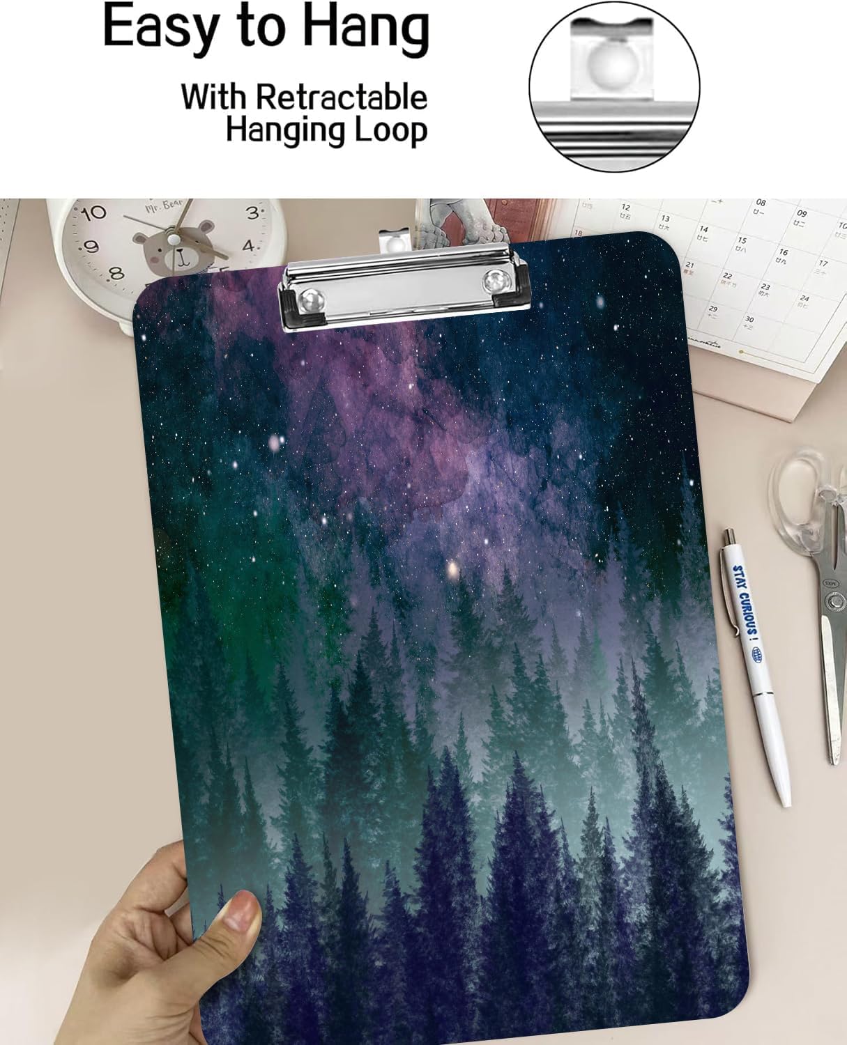 Fashion A4 Clipboard, Standard Letter Size 9" x 12.5", Decorative Wooden Clipboard with Low Profile Metal Clip for Office, School, Teachers, and Students, Galaxy Forest