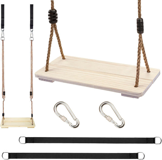 KINSPORY Wooden Swing Seat, Outdoor Swing Set Accessories for Backyard, Height Adjustable Rope with Hanging Tree Straps Kit for Porch Patio Garden Playgroud (Light Yellow)