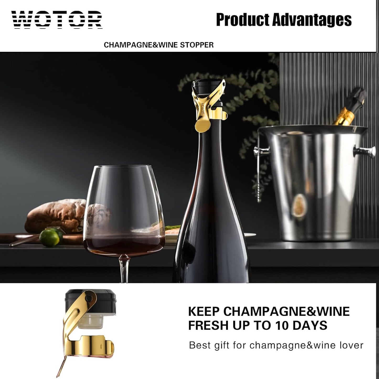 WOTOR Champagne&Wine Bottle Stoppers Stainless Steel with Food Grade Silicone, Leak Proof Keep Fresh Reusable Saver, Cork Suitable for Wine, Champagne, Cava, Prosecco and Sparkling (2 Pack Gold